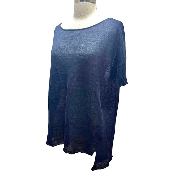 Nili Lotan 100% Linen Oversized Navy Blue Short Sleeve T-Shirt Sweater X-Small - Picture 2 of 15